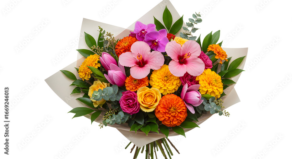Obraz premium Bright colorful bouquet with pink orchids, orange marigolds, yellow roses, and greenery, perfect for weddings and special occasions