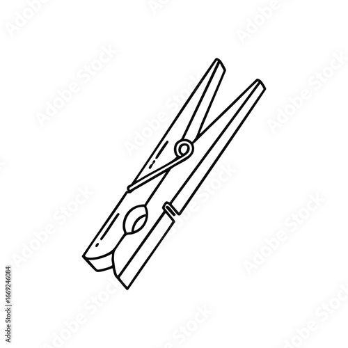 Minimalist Clothespin Outline. A crisp white line art illustration of a clothespeg on a dark background, conveying domesticity, cleanliness, and sustainable living.