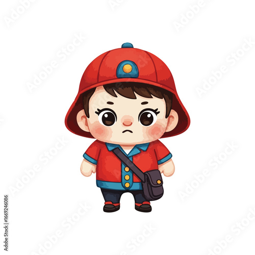 Adorable Animated Child with Bag. This delightful digital illustration depicts a youthful boy in a vivid red cap and blue collared top, holding a satchel. His face suggests a pensive mood.