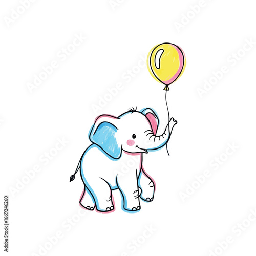 Adorable Elephant with Bright Balloon. This sweet young pachyderm embraces a cheerful golden sphere, embodying youthful exuberance. A delightful illustration conveying happiness and innocence.
