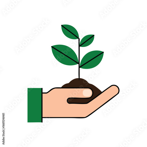 Caring Hand Nurturing Young Sprout. This illustration depicts a gentle palm cradling a developing seedling. It symbolizes ecological responsibility, new life, and the promise of a green future.