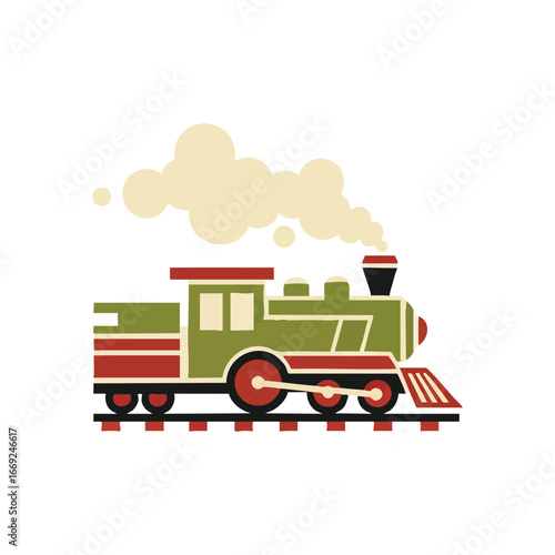 Classic Steam Train Illustration. Stylized graphic of a charming vintage locomotive, puffing vapor, on tracks. Evokes travel, adventure, and timeless journeys. Ideal for design projects.