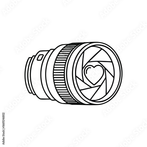 Passion for Pictures Camera Lens. Minimalist white outline of a lens featuring a heart within its aperture, representing genuine adoration for the art of imaging.