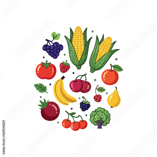 Vibrant Fresh Produce Assortment. A delightful compilation of ripe fruits and wholesome vegetables arranged in a round pattern on a dark backdrop. This image represents a nourishing diet and healthy.
