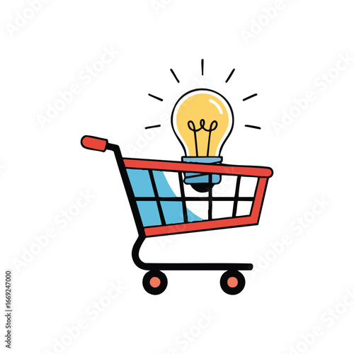 Smart Shopping Insight. This vivid graphic shows an illuminating bulb within a market trolley, representing clever commerce ideas and breakthrough purchase decisions.