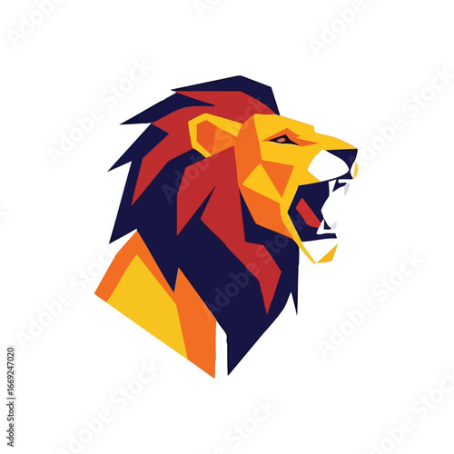 Bold Geometric Lion Roaring. This striking polygonal artwork of a growling jungle monarch symbolizes power, courage, and untamed strength. A vibrant wild animal emblem.
