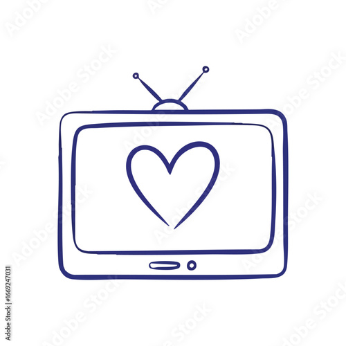 Love Broadcast on Retro Television. Simple hand drawn vintage television showing a prominent heart. This doodle represents a fondness for classic media and romantic entertainment.