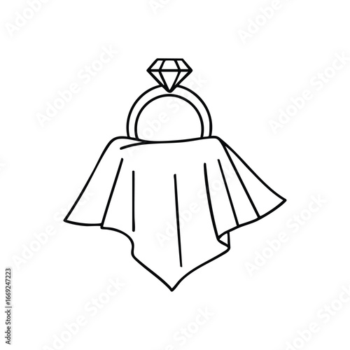 Elegant Diamond Ring Reveal. This refined graphic showcases a sparkling gem band draped with soft fabric, symbolizing a joyous surprise or a momentous proposal event.