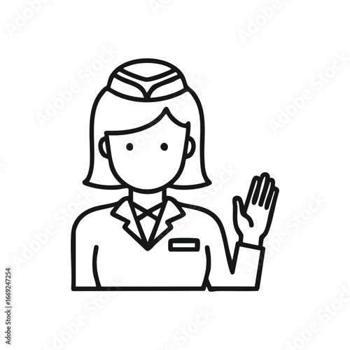 Female Flight Attendant Icon. Minimalist design of an air hostess in uniform, ready to assist passengers. Represents excellent service and global travel.