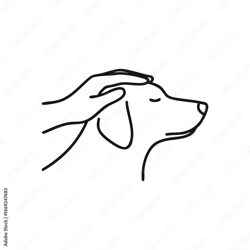 Fototapeta premium Gentle Hand Petting Dog Illustration. Minimalist design showing a human caressing a happy canine. Symbolizes warmth, companionship, and emotional connection.