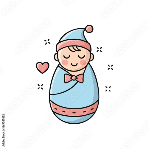 Sweet Adorable Sleeping Baby Icon. This endearing newborn illustration shows peaceful slumber, embraced by a cozy swaddle. Symbolizes parental love, childhood, and tender care.