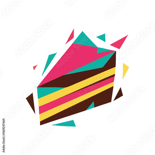 Vibrant Geometric Dessert Slice. Captivating digital art presenting a delightful confectionery fragment. Its abstract, dynamic shapes in pink, teal, yellow, and brown evoke modernity and creative.