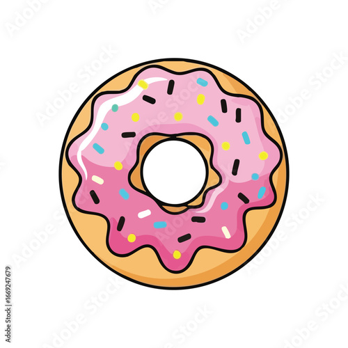 Pink Frosted Donut with Sprinkles. Delightful pastry featuring vibrant icing and colorful confectionery toppings. This sweet treat symbolizes joy, indulgence, and happy moments.
