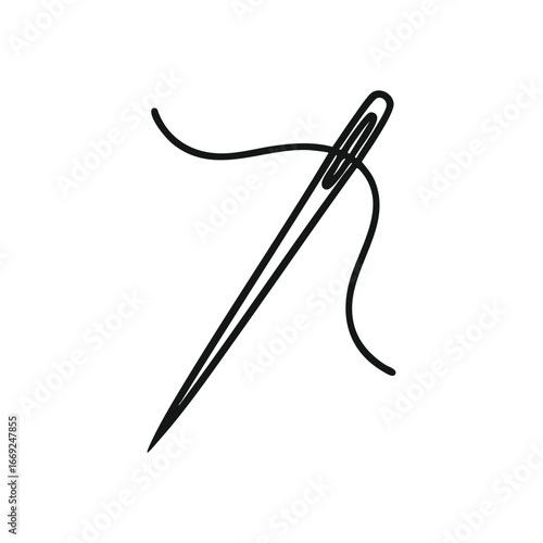 Sewing Needle with Thread Icon. Clean vector illustration of a sharp point and dark string. Symbolizes intricate repair, creative crafting, and delicate textile artistry.