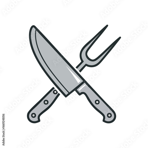 Culinary Knife and Meat Fork. A sleek graphic showcasing essential butchery instruments. This striking design represents gastronomic mastery, food service, and professional cuisine.