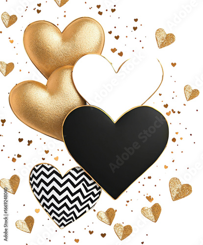 Golden hearts and black hearts with glittering accents create festive design