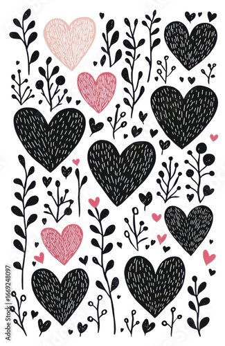 Hand drawn hearts with floral elements on transparency background, perfect for decoration