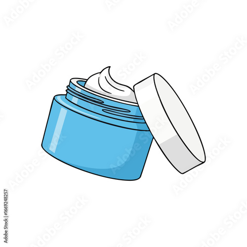 Hydrating Skincare Cream Jar. Vibrant vector art of a blue container brimming with lush facial moisturizer, lid askew. Embodies personal wellness and daily pampering.