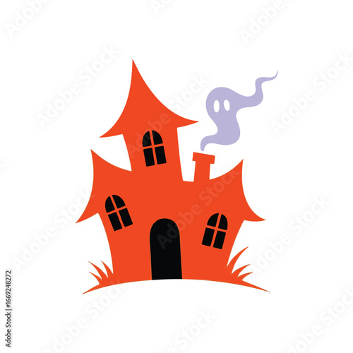 Spooky Haunted House and Friendly Ghost. Whimsical orange mansion illustration on a dark backdrop, featuring an ethereal spirit emerging from its chimney. Perfect for festive autumn holiday designs.