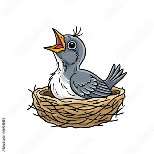 Hungry Baby Bird in Nest. A vulnerable fledgling with its beak agape, nestled within its woven dwelling. This portrays youthful need, dependence, and the awaiting of parental nurture.