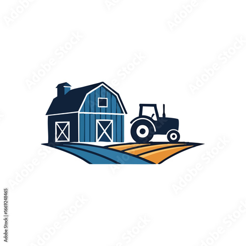 Rural Farmhouse and Field Vehicle. A vibrant, stylized depiction of a classic countryside dwelling and farming machinery on arable land. Evokes the essence of agricultural life and harvest.