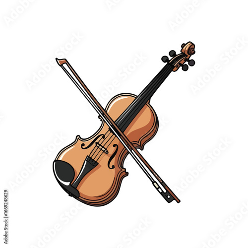 Violin and Bow Musical Instrument. Detailed illustration of a wooden fiddle with its playing stick, embodying sonic elegance. Represents harmony, classical performances, and artistic expression.