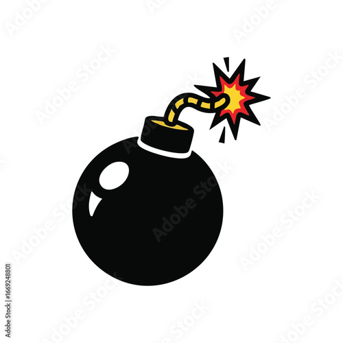 Classic Cartoon Bomb with Lit Fuse. Stylized graphic depicting a traditional round explosive device featuring a burning fuse. Represents urgency, threats, or a critical situation.