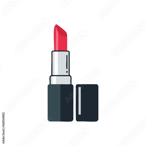Vibrant Red Lipstick Illustration. This graphic showcases a striking crimson lip color tube with its lid alongside, set against a dark backdrop. It embodies allure, style, and personal expression.