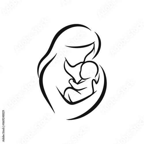Mother Baby Love Embrace Silhouette. This minimalist artwork depicts a parent tenderly cradling a newborn. It represents a profound connection, care, and family affection.