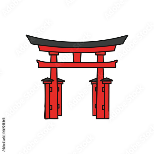 Traditional Japanese Torii Gate. Iconic vermilion entrance to a sacred Shinto shrine, representing spiritual passage and cultural heritage. Minimal artwork.