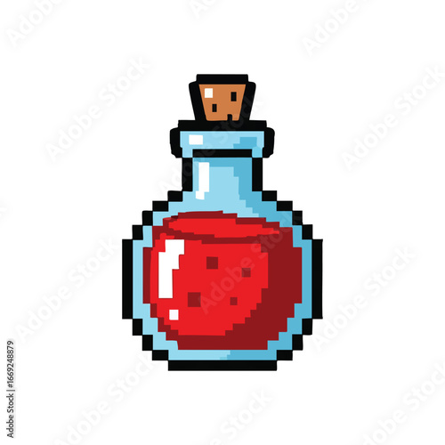 Retro Pixel Healing Elixir. A vibrant, ancient-style bottled concoction, symbolizing renewed vitality or mystical power for a digital adventure.
