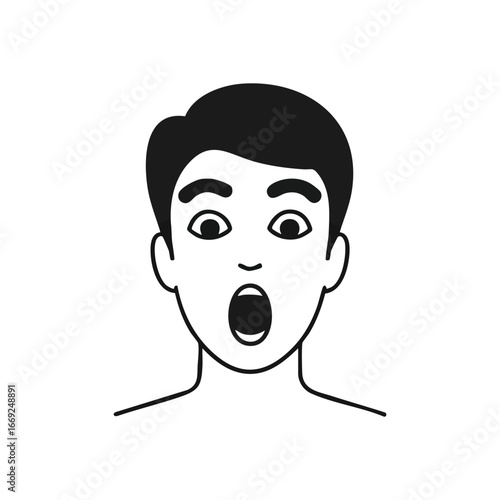 Amazed Person Avatar. Minimalist monochrome illustration of a human head with a wide open mouth and large eyes. Conveys profound wonder, shock, or a sudden revelation.