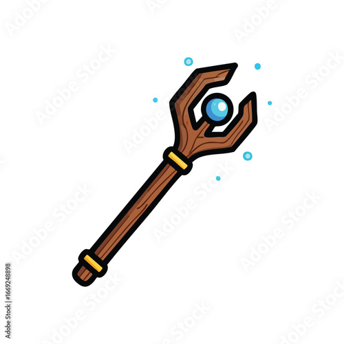 Enchanted Wooden Magic Staff. A powerful mystical artifact with a glowing blue crystal. It symbolizes ancient wisdom, arcane abilities, and potent might in a fantasy setting.