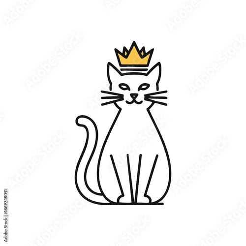 Majestic Feline Wearing Crown. Elegant illustration of a dignified dark whiskered companion adorned with a golden coronet. Symbolizes independence, luxury, and an air of sovereign grace. Simple art.