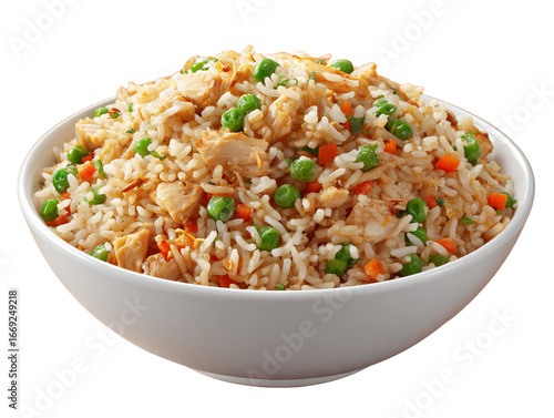 Chicken Fried Rice With Green Peas and Carrots In A White Bowl, PNG