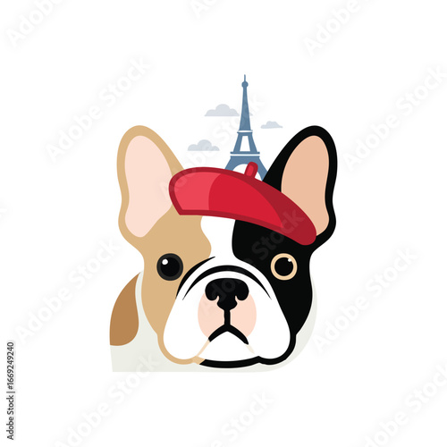 Chic French Bulldog Paris Icon. Adorable doggy friend wearing a red artist's cap alongside the iconic Eiffel Tower. Represents European culture, travel, and charming pet adventures.