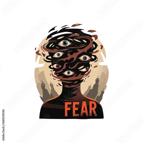 Overwhelmed Mind Apprehension. This artistic piece captures deep-seated apprehension. A figure's head, composed of numerous watchful gazes, conveys intense paranoia and inner turmoil.