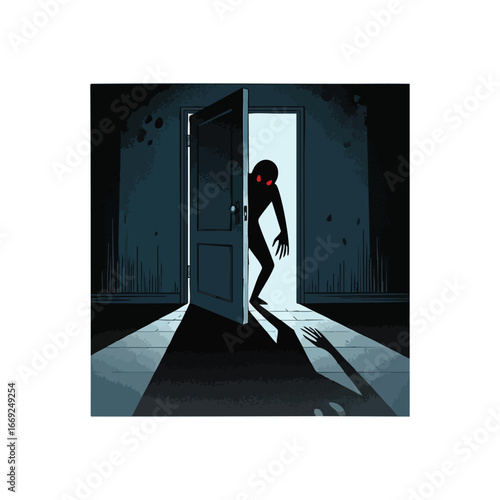 Shadowy Figure in Open Doorway. A sinister silhouette with glowing red eyes emerges from a darkened room, symbolizing apprehension and childhood dread.