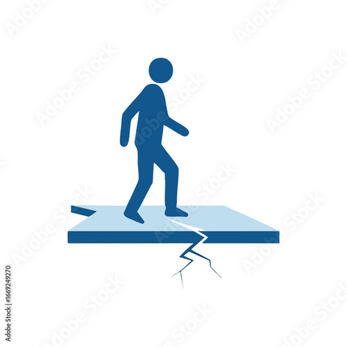 Person on Fragile Cracking Surface. Abstract illustration of an individual treading on a breaking platform, symbolizing imminent risk, vulnerability, and impending collapse.