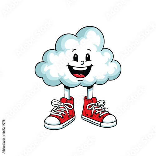 (Cheerful Cloud in Red Sneakers. A joyful sky entity wearing vibrant shoes, expressing pure delight. This whimsical character embodies lightheartedness and playful movement for kids' projects.)