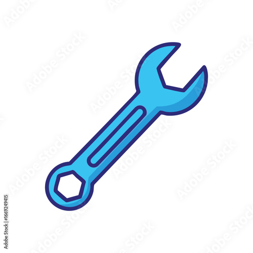 Blue Wrench Tool Icon. The image depicts a bright azure spanner, symbolizing essential repair work, technical support, and system settings or adjustments.