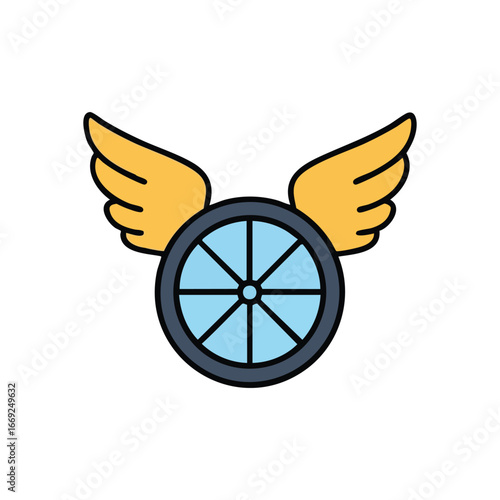 Winged Wheel Icon. This vibrant illustration symbolizes swiftness, advancement, and unhindered motion. Ideal for themes of innovation, liberation, and rapid transit.