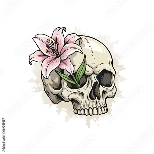 Skull with Pink Lily Flower Art. Expressive artwork showcasing human mortality and the enduring essence of life through a delicate blossom. Symbolizes transformation.