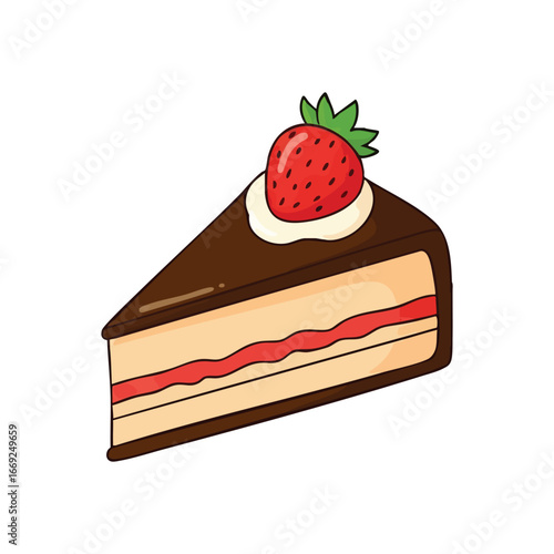 Chocolate Cake Slice with Strawberry. Appetizing cartoon graphic of a delectable confection with berry garnish and creamy topping. Symbolizes joy, celebration, and sweet indulgence.