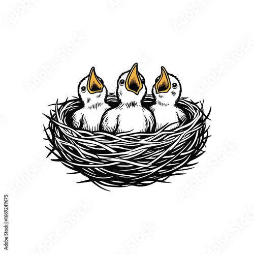 Hungry Baby Birds in Nest. This illustration depicts three small avian creatures with open mouths, eagerly awaiting their nourishment. It symbolizes dependence, new life, and the need for care.