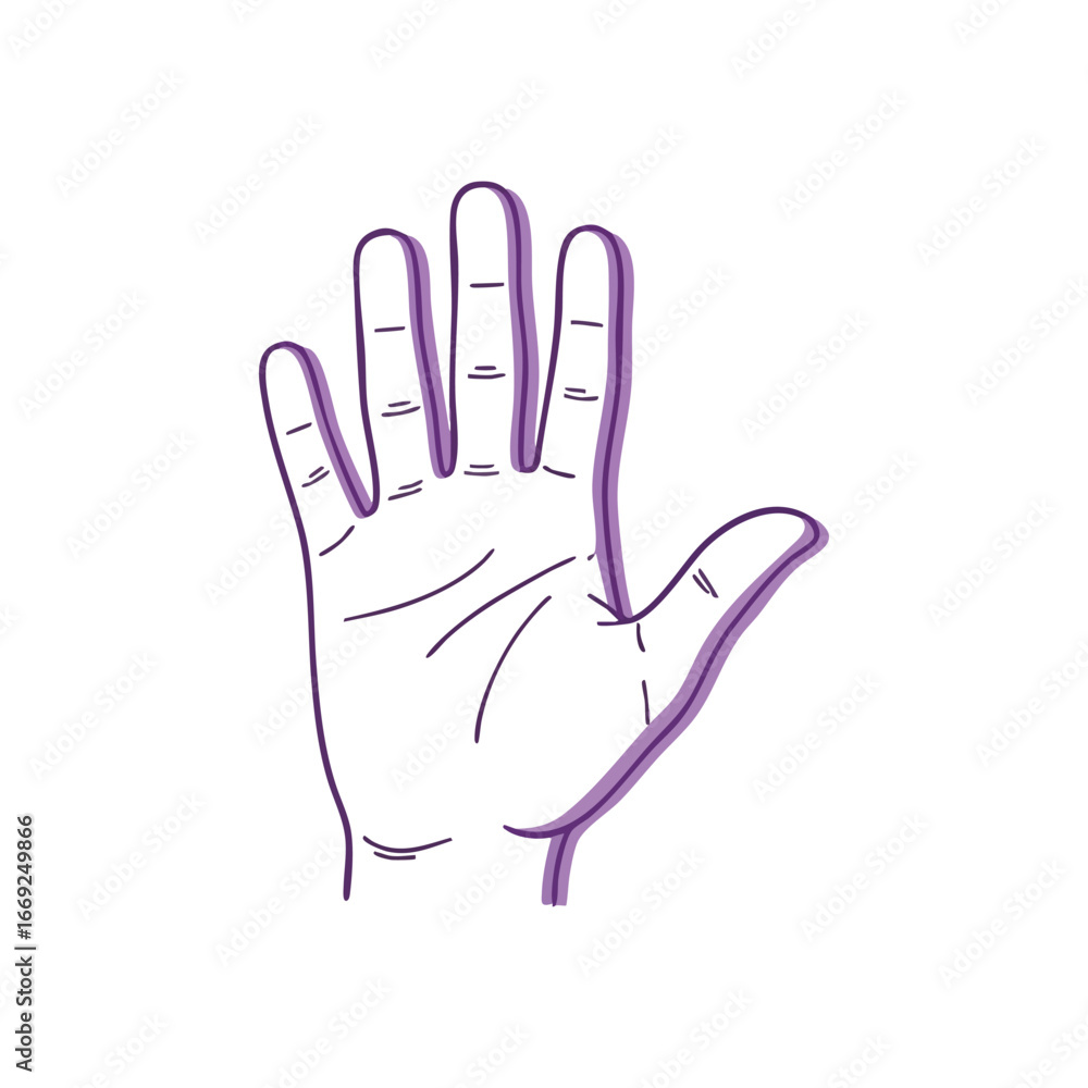 Fototapeta premium Abstract Purple Hand Illustration. Vibrant violet outline of an open human palm. This stylized graphic conveys concepts like stopping, welcome, and safety in a minimalist digital art style.