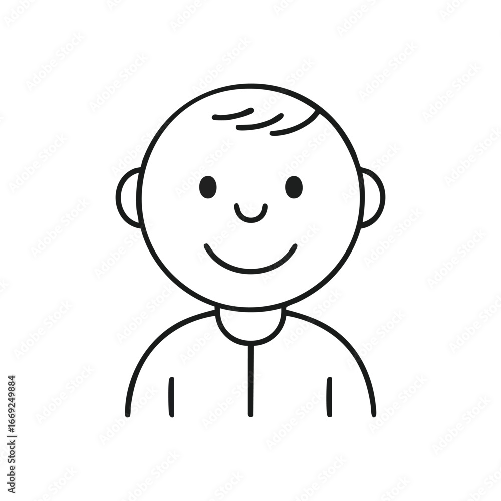 Obraz premium Happy Simple Cartoon Person Avatar. A delightful outline illustration of a cheerful child or generic user. This friendly vector portrait conveys joy and innocence.