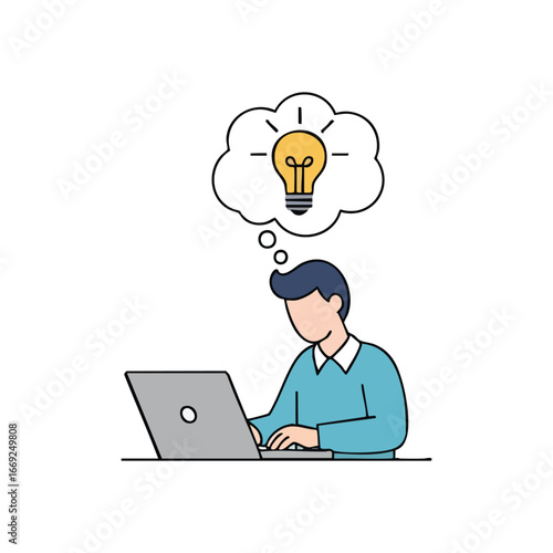 Digital Thinking Bright Idea. An individual engaged in online work experiences a sudden flash of insight. This illustration symbolizes creativity, problem-solving, and innovative solutions.