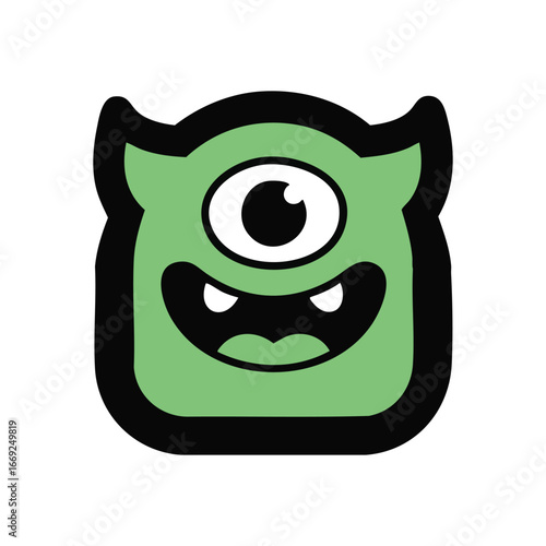 Happy Green Monster Icon. This adorable cyclops creature features a wide grin and small horns. Its whimsical design evokes joy and is ideal for playful branding.