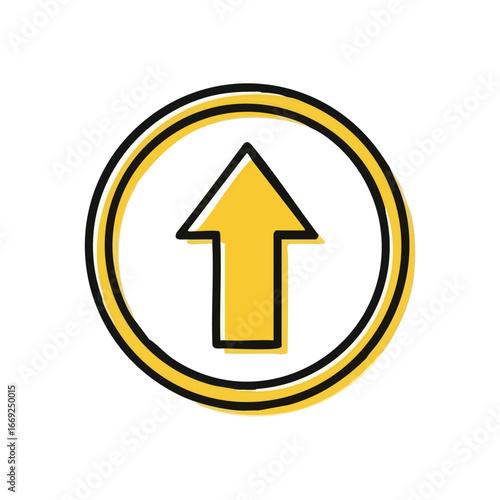 Upward Yellow Arrow Circle Icon. A vibrant yellow hand-drawn pointer points up within a white circular frame, outlined in black. This icon symbolizes progress, growth, and positive advancement. Free Download Upward Yellow Arrow Circle Icon. A vibrant yellow hand-drawn pointer points up within a white circular frame, outlined in black. This icon symbolizes progress, growth, and positive advancement. - GFXLoad